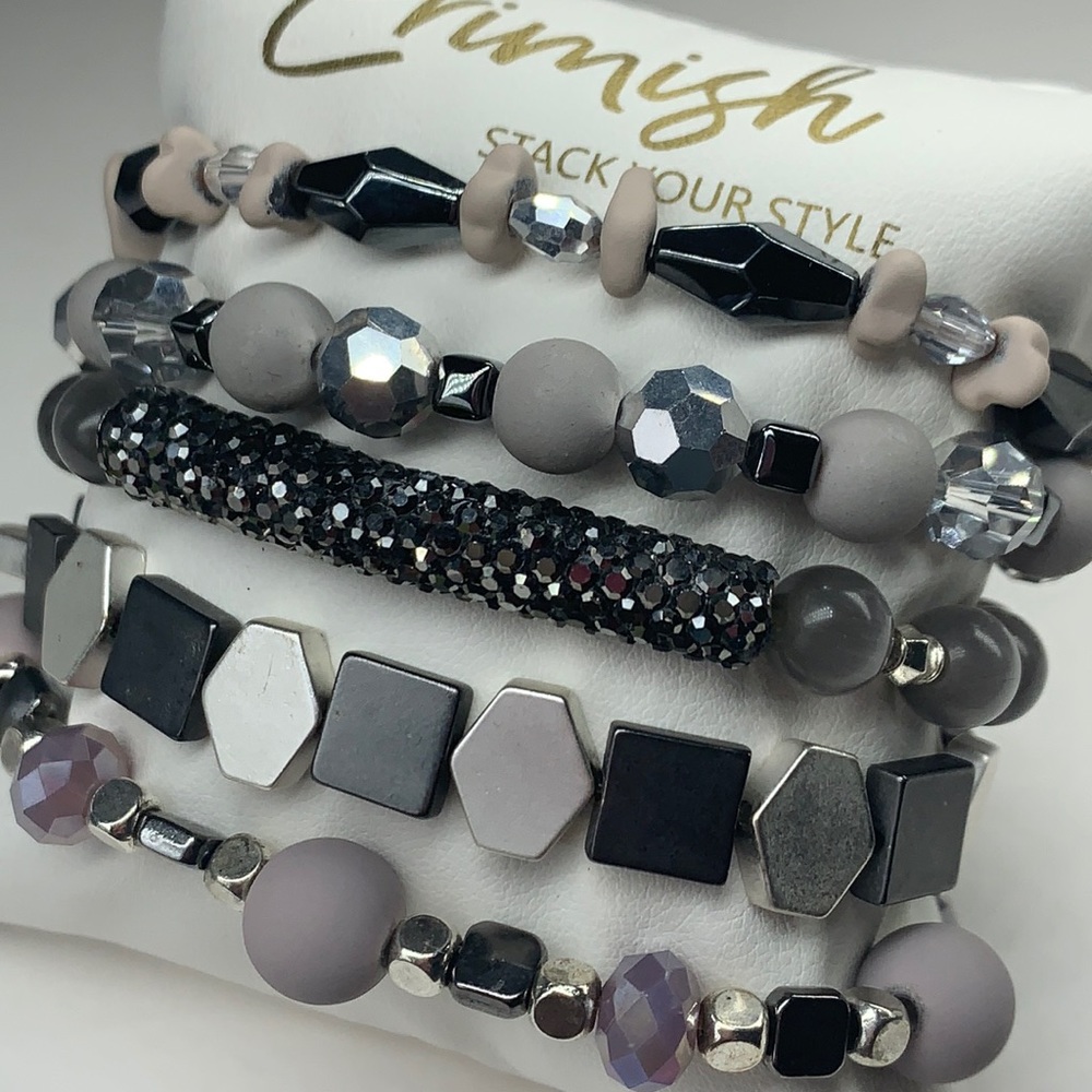 EUC Erimish 40 Shades of Gray Stack 5 stretch bracelets- shambala bar sparkle!